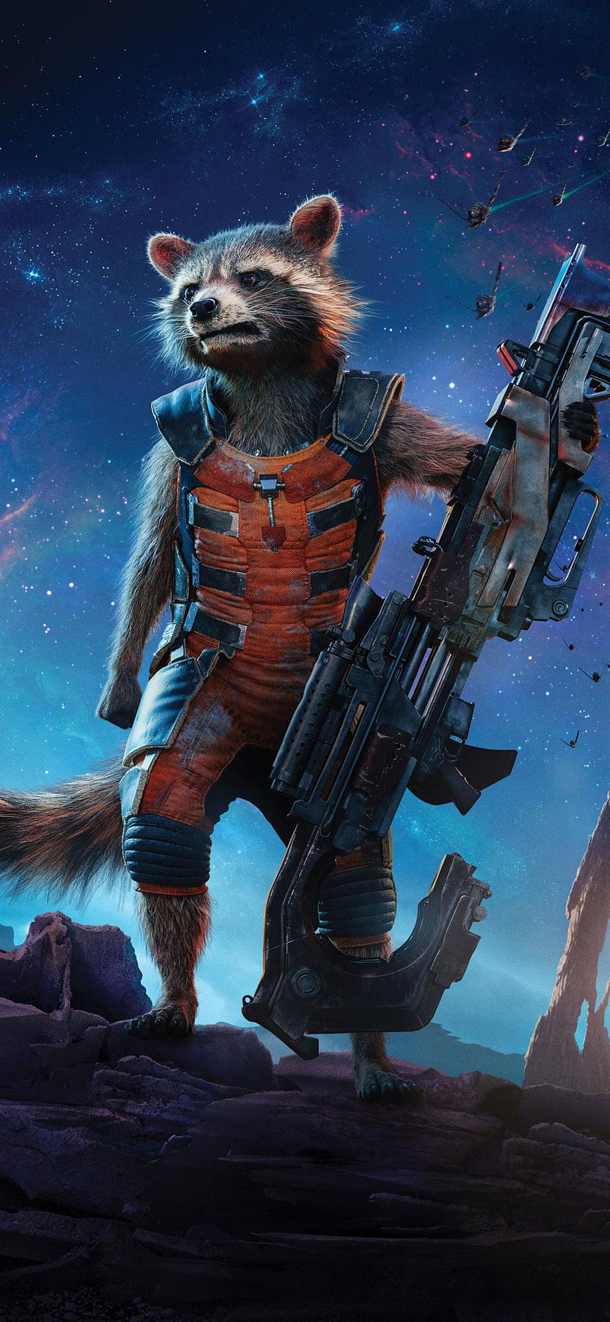 Rocket Raccoon from Guardians of the Galaxy Standing on Rocky Terrain with Large Sci-Fi Weapon Against Starry Space Background HD phone wallpaper
