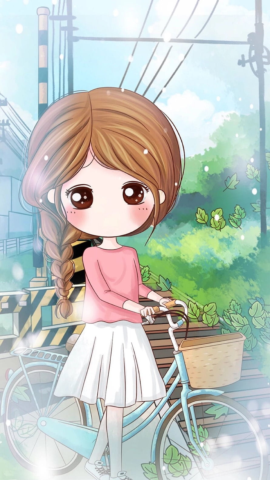 Cute Anime Girl Riding a Bicycle in a Sunny Park with Braided Hair and Pastel Colors HD phone wallpaper