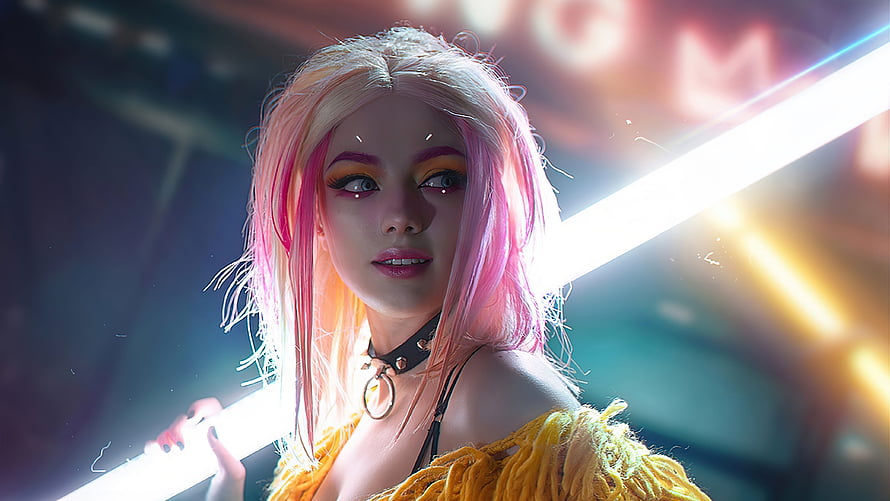 Cyberpunk Girl Cosplay with Neon Lights and Pink Hair HD wallpaper