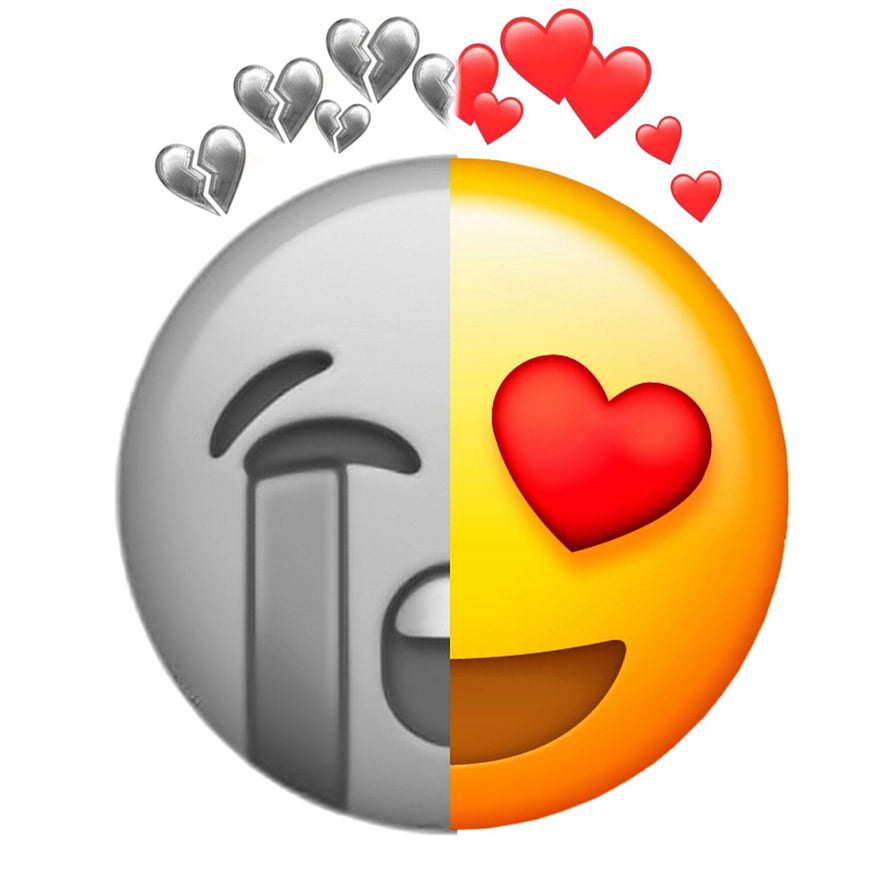 Split Face Emoji Illustration Showing Broken Heart and Love Eyes with Floating Hearts HD phone wallpaper