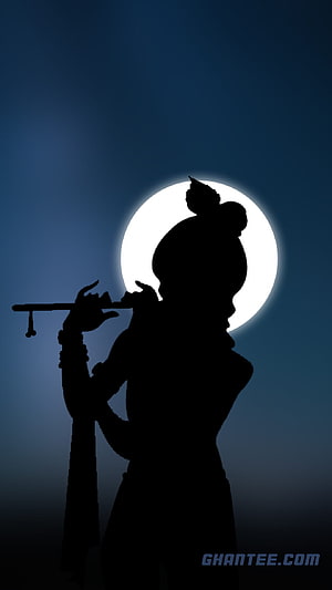 Lord Krishna Silhouette Playing Flute Against Full Moon HD phone wallpaper