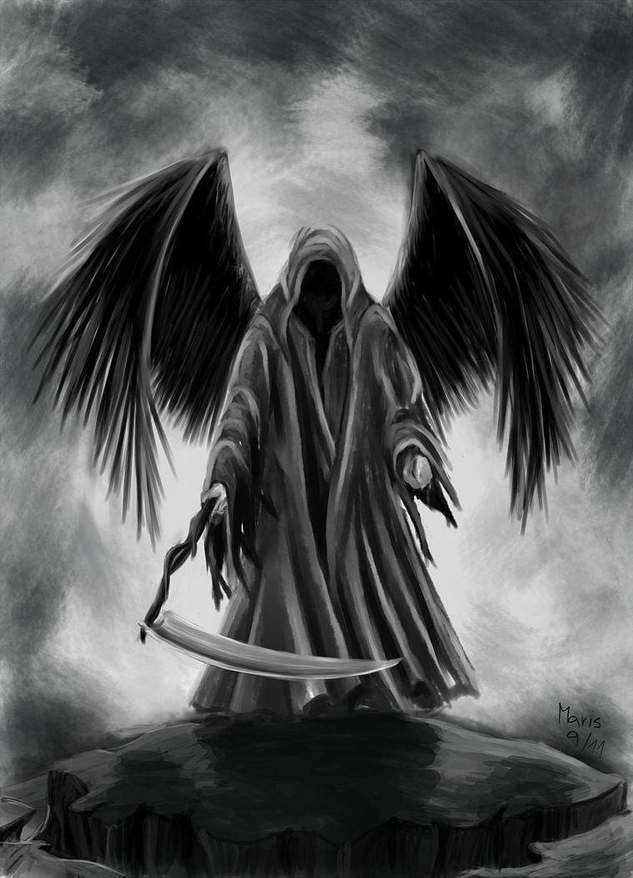 Monochromatic Grim Reaper Illustration With Black Wings And Scythe HD phone wallpaper