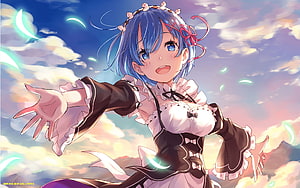 Rem from Re:Zero in a Maid Outfit Reaching Toward a Vibrant Sunset Sky HD wallpaper