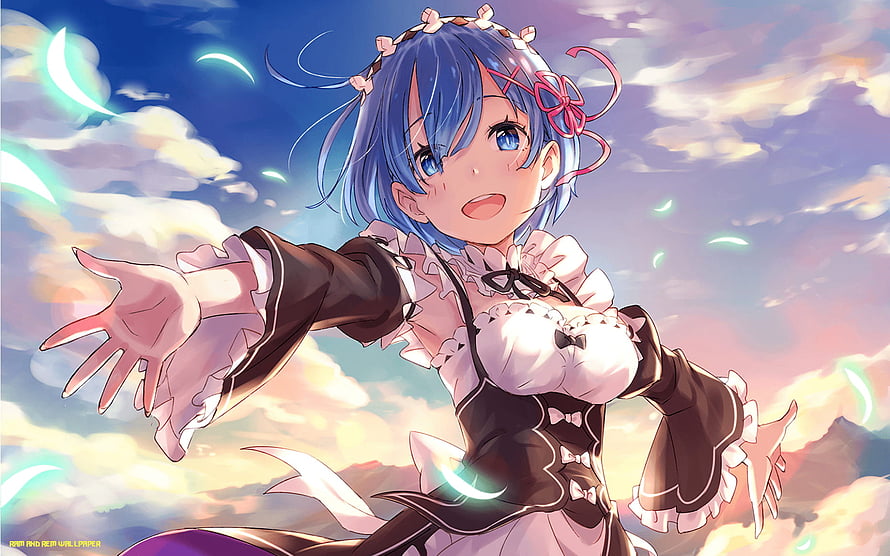 Rem from Re:Zero in a Maid Outfit Reaching Toward a Vibrant Sunset Sky HD wallpaper