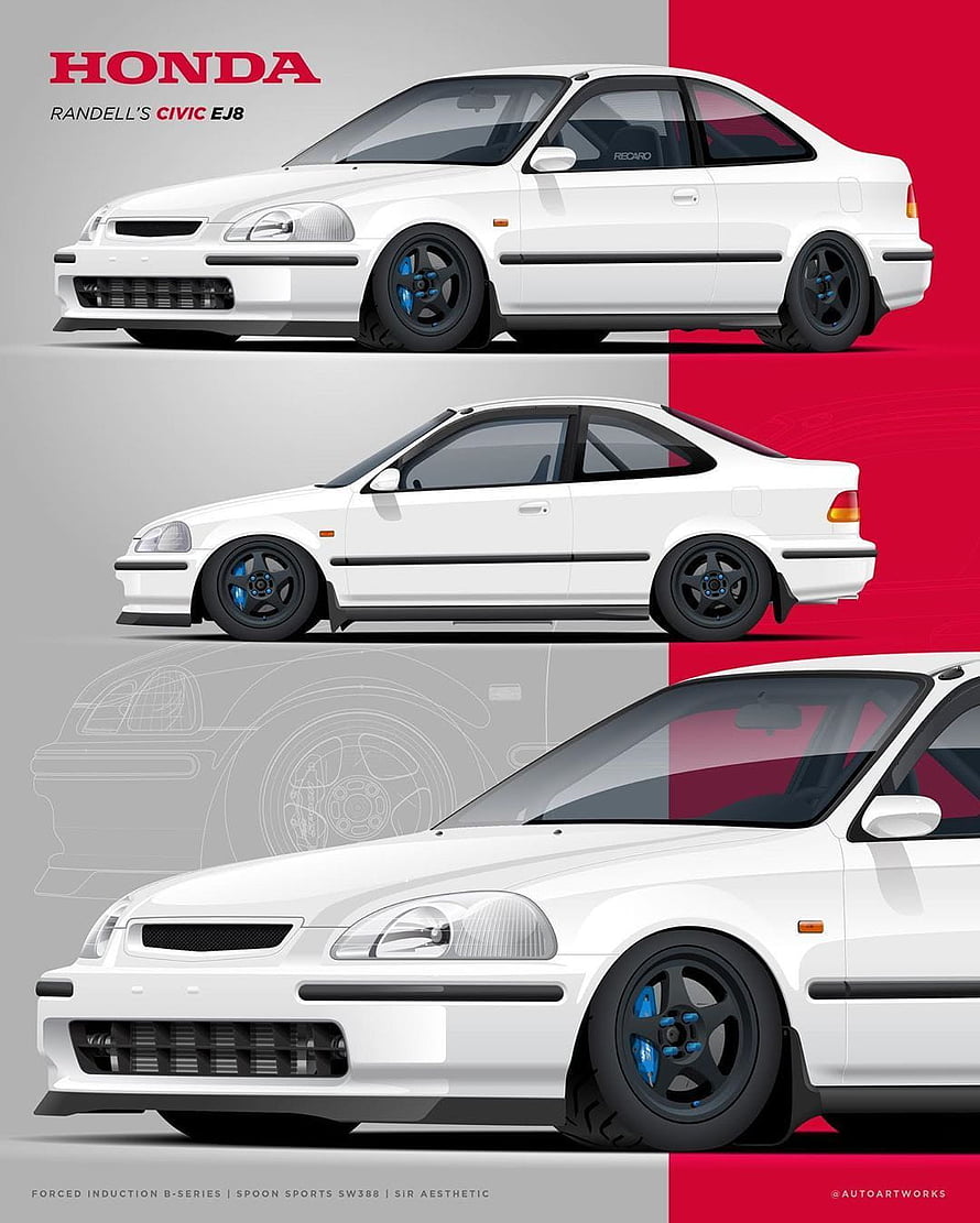 White Honda Civic EJ8 B-Series Illustration with Spoon Sports SW388 Aesthetic HD phone wallpaper
