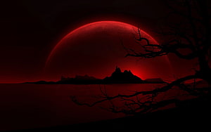 Eerie Red Moon Rising Over Silhouetted Castle and Dead Tree in Dark Landscape HD wallpaper