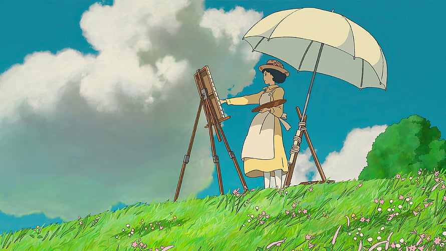 The Wind Rises Anime Scene of a Woman Painting on a Grassy Hill Under a Parasol HD wallpaper