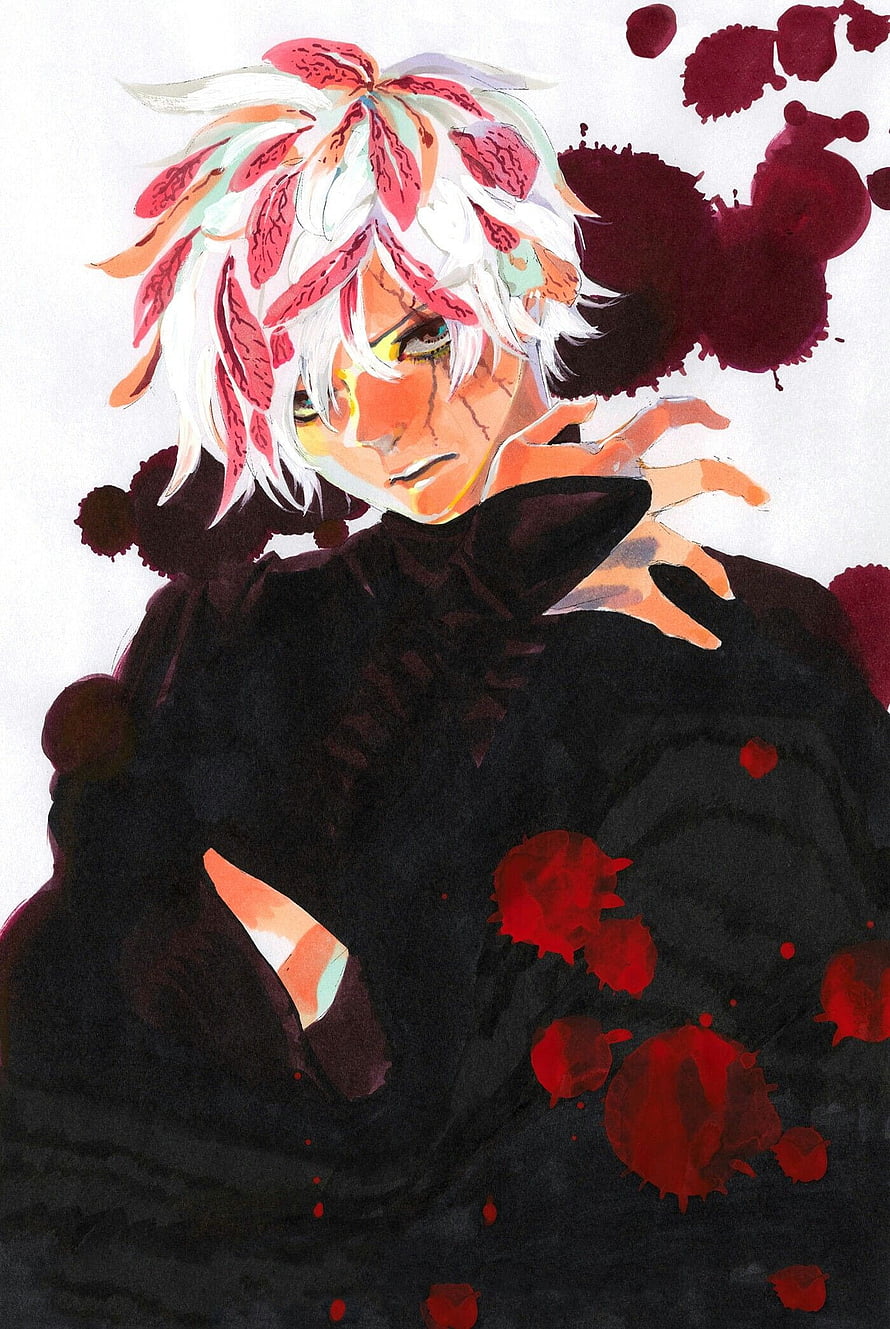 Jigokuraku Anime Character Portrait with White Hair and Blood Splatter Art HD phone wallpaper