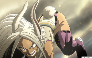Mirko from My Hero Academia in Dynamic Action Pose with White Hair and Rabbit Ears HD wallpaper