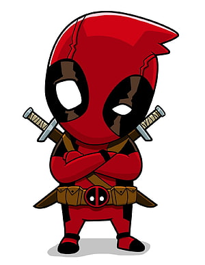 Cute Chibi Deadpool Cartoon Character with Crossed Arms and Dual Swords HD phone wallpaper