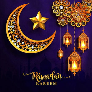 Ramadan Kareem Greeting Card with Golden Crescent Moon, Star, and Hanging Lanterns HD phone wallpaper