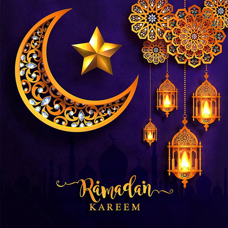 Ramadan Kareem Greeting Card with Golden Crescent Moon, Star, and Hanging Lanterns HD phone wallpaper