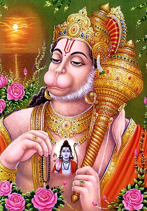 Hanuman Ji Devotional Portrait with Golden Crown and Mace Surrounded by Pink Roses, God anjaneya swamy, hanuman ji HD phone wallpaper