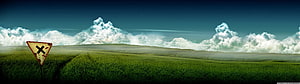 Vast Green Meadow Panorama with Dramatic Clouds and Weathered Road Sign HD wallpaper