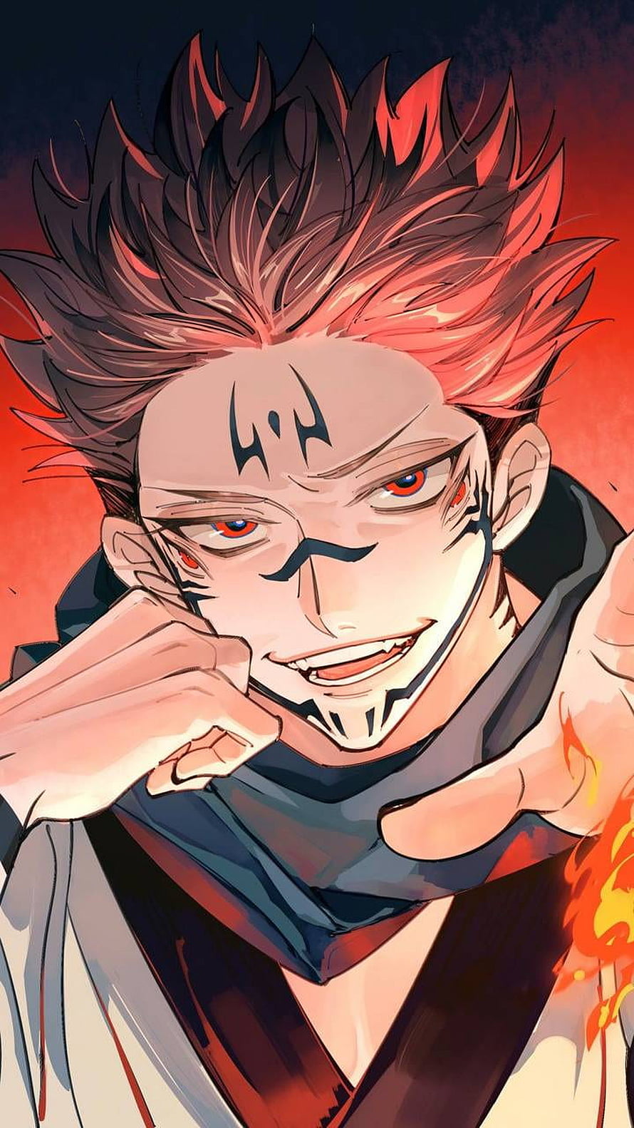 Sukuna Anime Character Portrait with Red Eyes and Facial Markings HD phone wallpaper