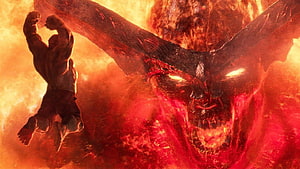 Hulk Confronts Surtur in Epic Fire and Flame Battle Scene HD wallpaper