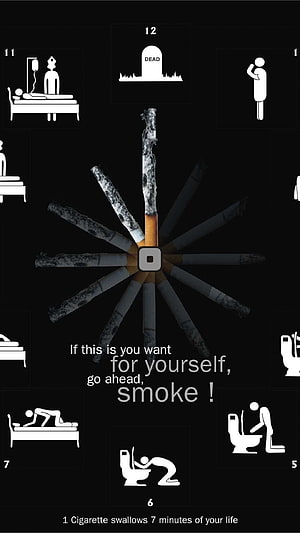 Anti-Smoking Infographic: Cigarette Life Expectancy Clock and Health Consequences HD phone wallpaper