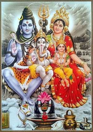 Lord Shiva and Parvati Family Portrait with Ganesha and Nandi in Traditional Indian Art HD phone wallpaper