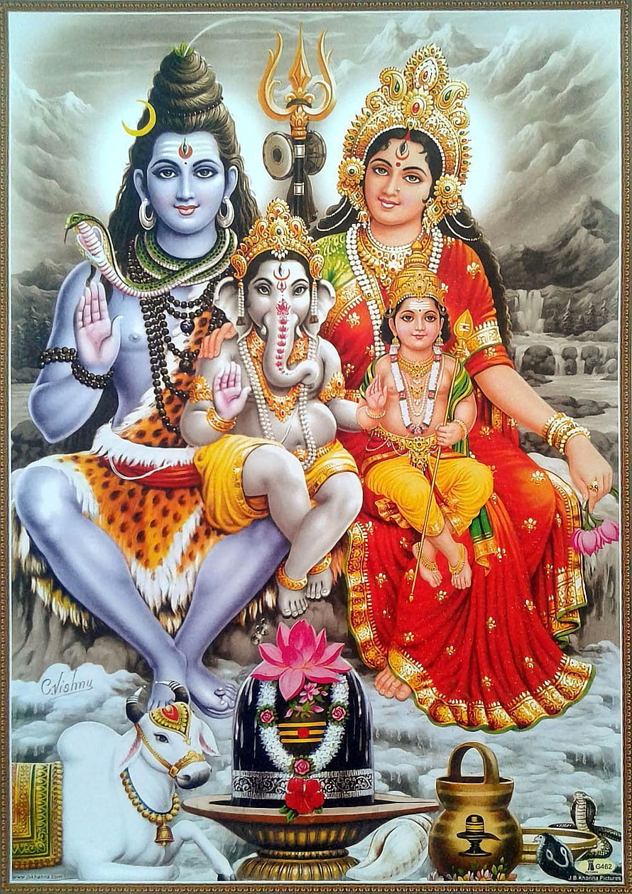 Lord Shiva and Parvati Family Portrait with Ganesha and Nandi in Traditional Indian Art HD phone wallpaper