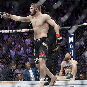 Khabib Nurmagomedov Celebrates Victory in UFC Octagon After Conor McGregor Fight HD phone wallpaper
