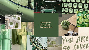 Sage Green Aesthetic Mood Board Featuring Vintage Car, Matcha, and Prada HD wallpaper