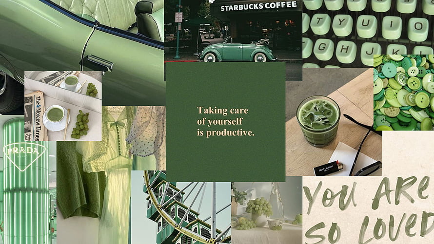 Sage Green Aesthetic Mood Board Featuring Vintage Car, Matcha, and Prada HD wallpaper