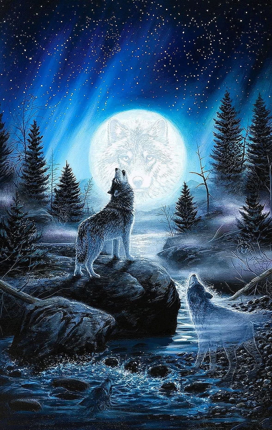 Two wolves howling at a full moon in a starlit forest with a glowing wolf face in the sky HD phone wallpaper