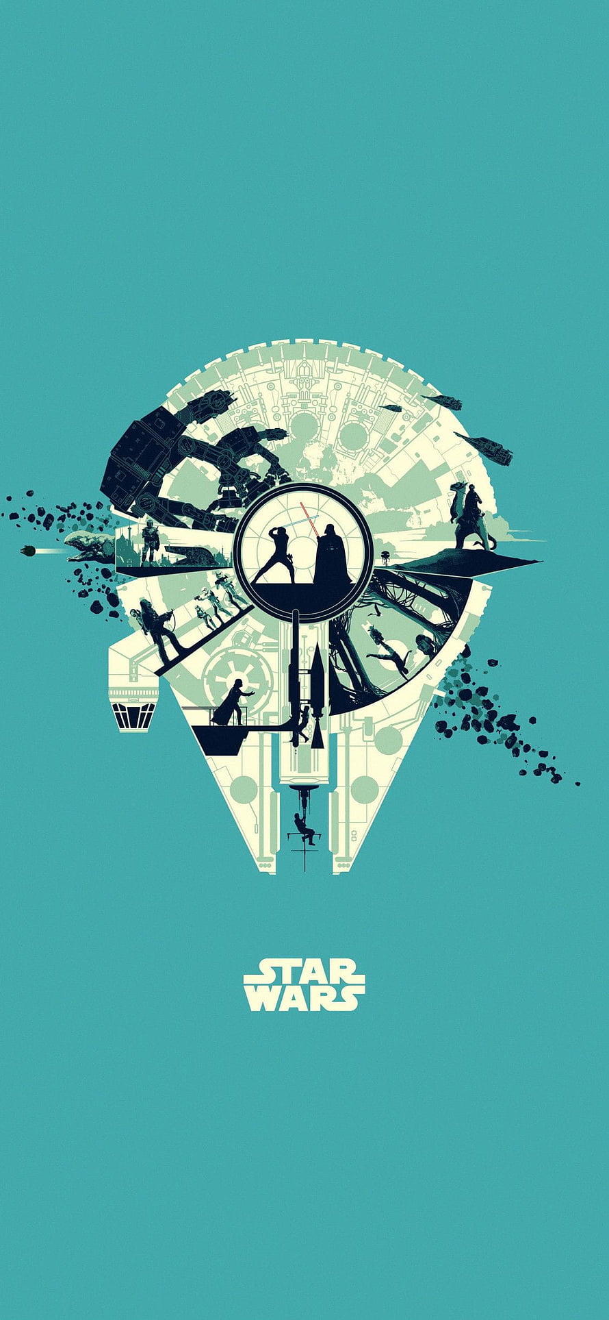 Star Wars Minimalist Vector Art with Imperial Iconography and Silhouettes on Teal Background HD phone wallpaper