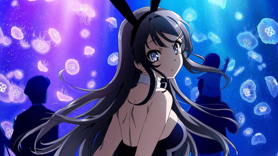 Bunny Girl Senpai Anime Character Surrounded by Glowing Jellyfish in Blue and Purple Light HD wallpaper