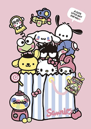 Sanrio Characters Popping Out of a Striped Gift Bag with Candy and Gumball Machine HD phone wallpaper