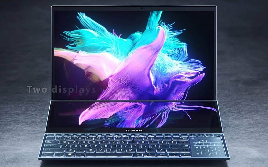 ASUS ZenBook Pro Duo 15 OLED UX582 Dual Screen Laptop with Vibrant Abstract Wallpaper HD wallpaper