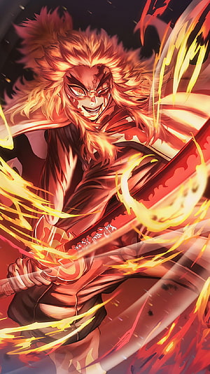 Kyojuro Rengoku Flame Hashira Wielding Katana in Fiery Anime Illustration HD phone wallpaper