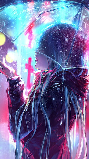 Anime Girl Holding Transparent Umbrella in Neon Rain at Night HD phone wallpaper