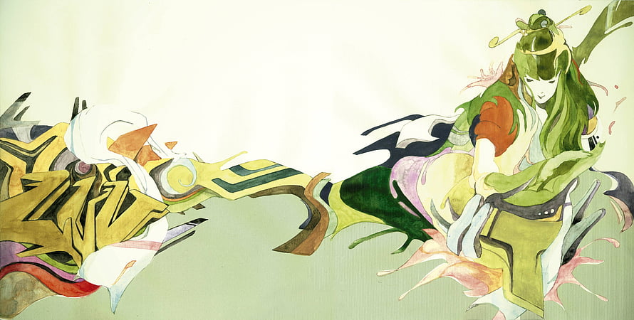 Nujabes Watercolor Illustration of a Green-Haired Woman Riding a Mechanical Creature HD wallpaper