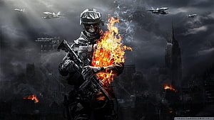Flaming Skull Soldier with Rifle in War-Torn City with Fighter Jets HD wallpaper
