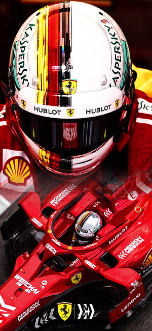 Sebastian Vettel Ferrari F1 Helmet and Race Car Close-Up HD phone wallpaper