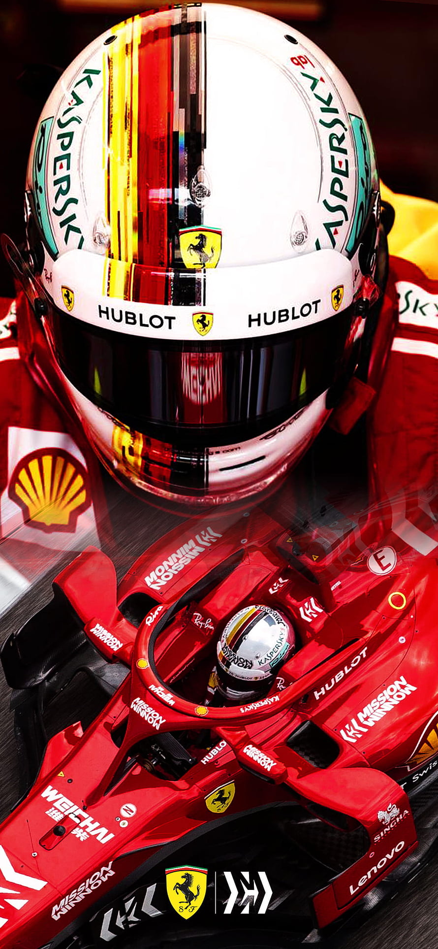 Sebastian Vettel Ferrari F1 Helmet and Race Car Close-Up HD phone wallpaper