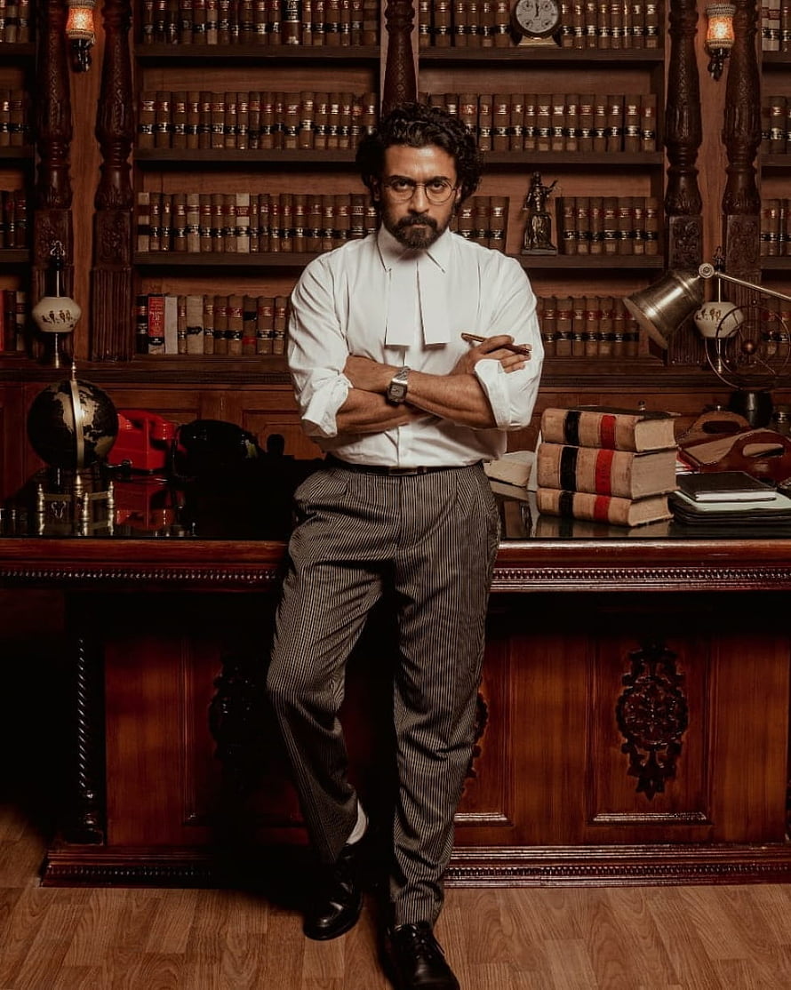 Suriya as Lawyer in Jai Bhim Film Still with Legal Robes and Bookshelf HD phone wallpaper