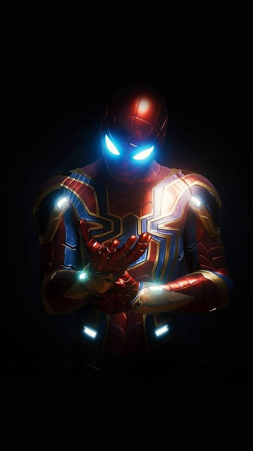 Iron Spider Armor with Glowing Blue Eyes and Gold Accents in Dark Cinematic Setting HD phone wallpaper