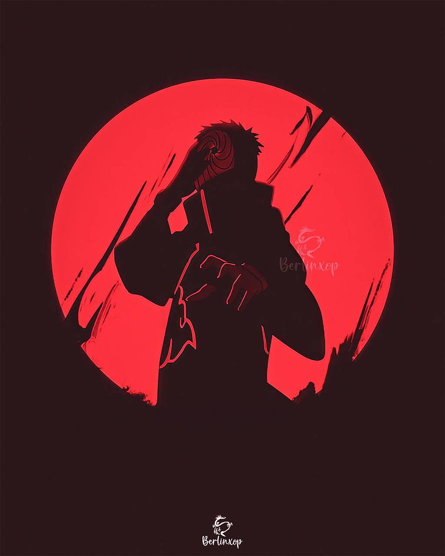 Obito Uchiha Silhouette Against Red Moon in Minimalist Anime Art HD phone wallpaper