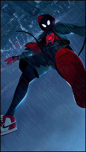 Miles Morales Spider-Man Leaping Through Rainy Night Cityscape in Animated Style HD phone wallpaper