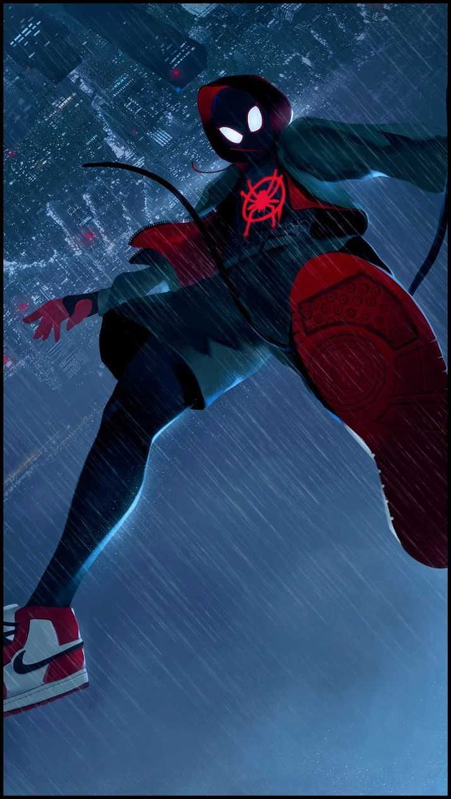 Miles Morales Spider-Man Leaping Through Rainy Night Cityscape in Animated Style HD phone wallpaper