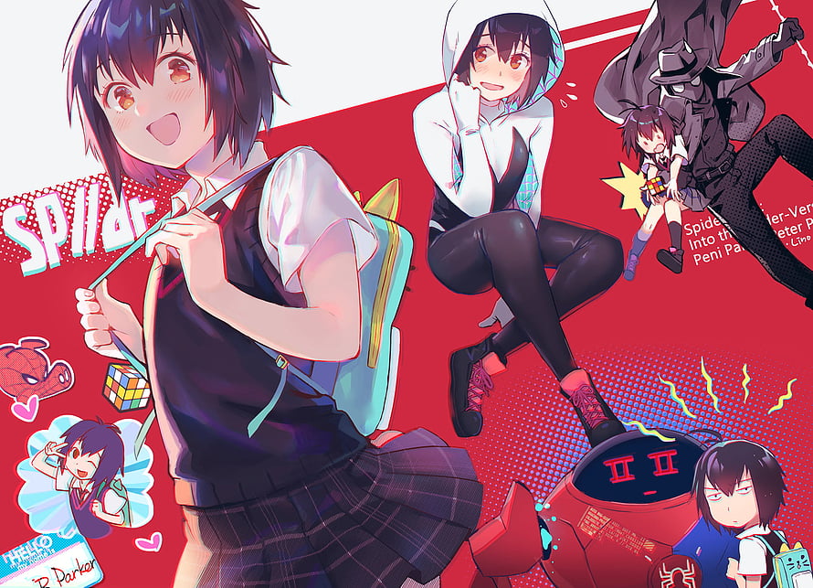 Peni Parker Anime Character Artwork with Spider-Man Elements and Red Background HD wallpaper