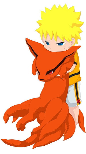 Naruto and Kurama Chibi Illustration with Orange Nine-Tailed Fox HD phone wallpaper