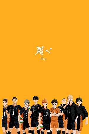 Haikyuu Karasuno High School Volleyball Team Lineup on Orange Background HD phone wallpaper
