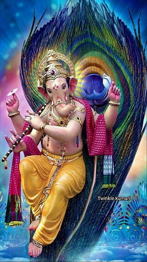 Ganesha seated on a peacock feather with golden crown and yellow dhoti HD phone wallpaper
