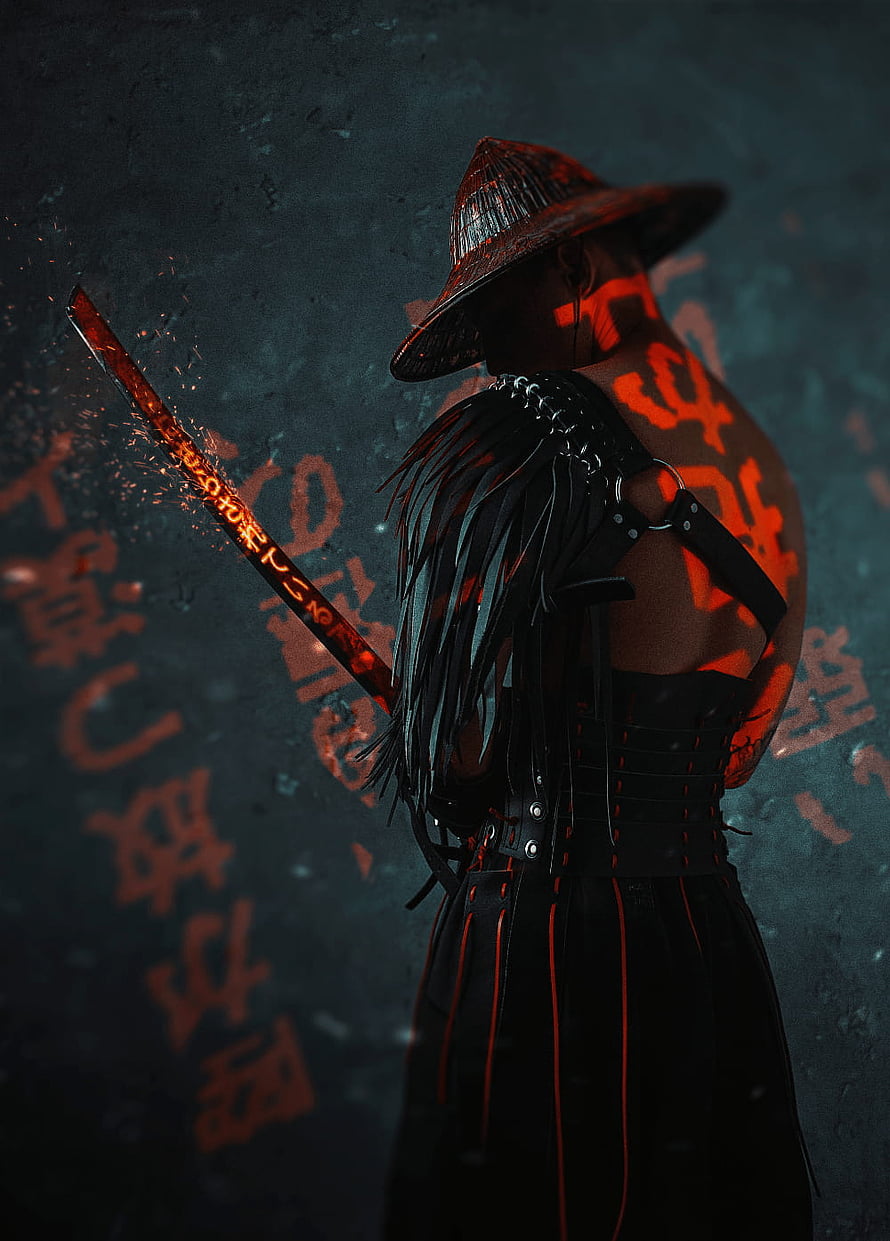 Cyberpunk Samurai Android Warrior with Glowing Red Katana and Leather Harness HD phone wallpaper