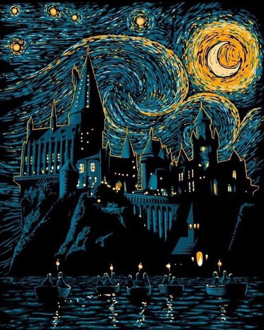 Hogwarts Castle Under a Swirling Starry Night Sky in Van Gogh Style HD phone wallpaper
