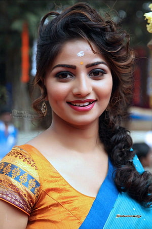 Rachita Ram in Traditional Blue and Gold Saree with Floral Hair Accessory HD phone wallpaper