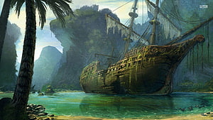 Abandoned Pirate Galleon Resting in a Lush Tropical Lagoon HD wallpaper